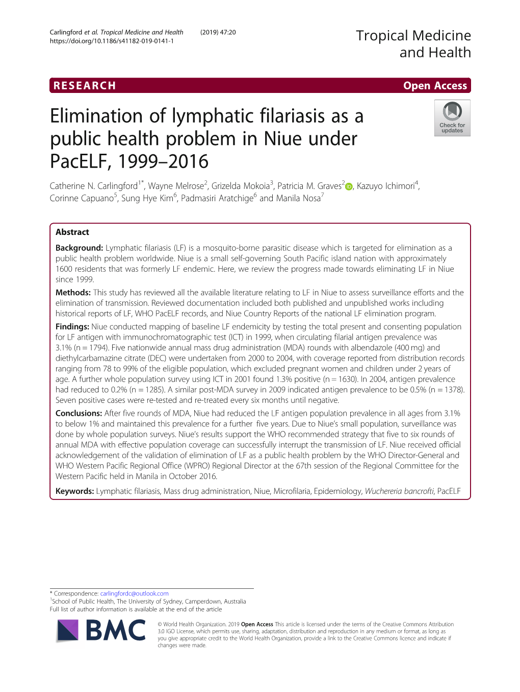 Elimination of Lymphatic Filariasis As a Public Health Problem in Niue Under Pacelf, 1999–2016 Catherine N