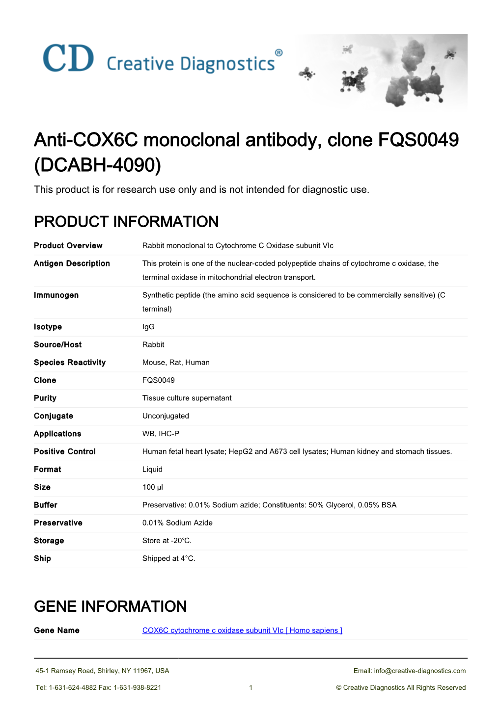 Anti-COX6C Monoclonal Antibody, Clone FQS0049 (DCABH-4090) This Product Is for Research Use Only and Is Not Intended for Diagnostic Use