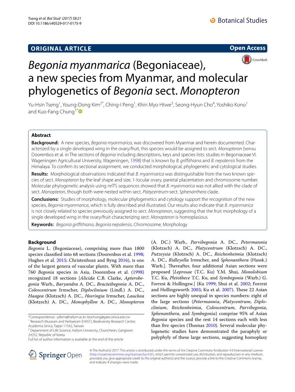 Begonia Myanmarica (Begoniaceae), a New Species from Myanmar, and Molecular Phylogenetics of Begonia Sect