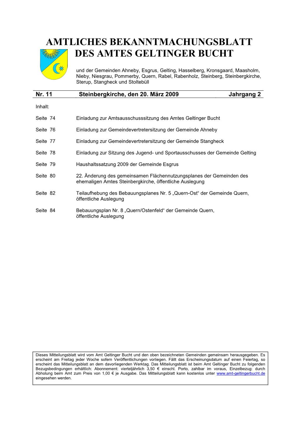 Amtliches Bekanntmachungsblatt Des Amtes Geltinger Bucht Nr. 11/2009