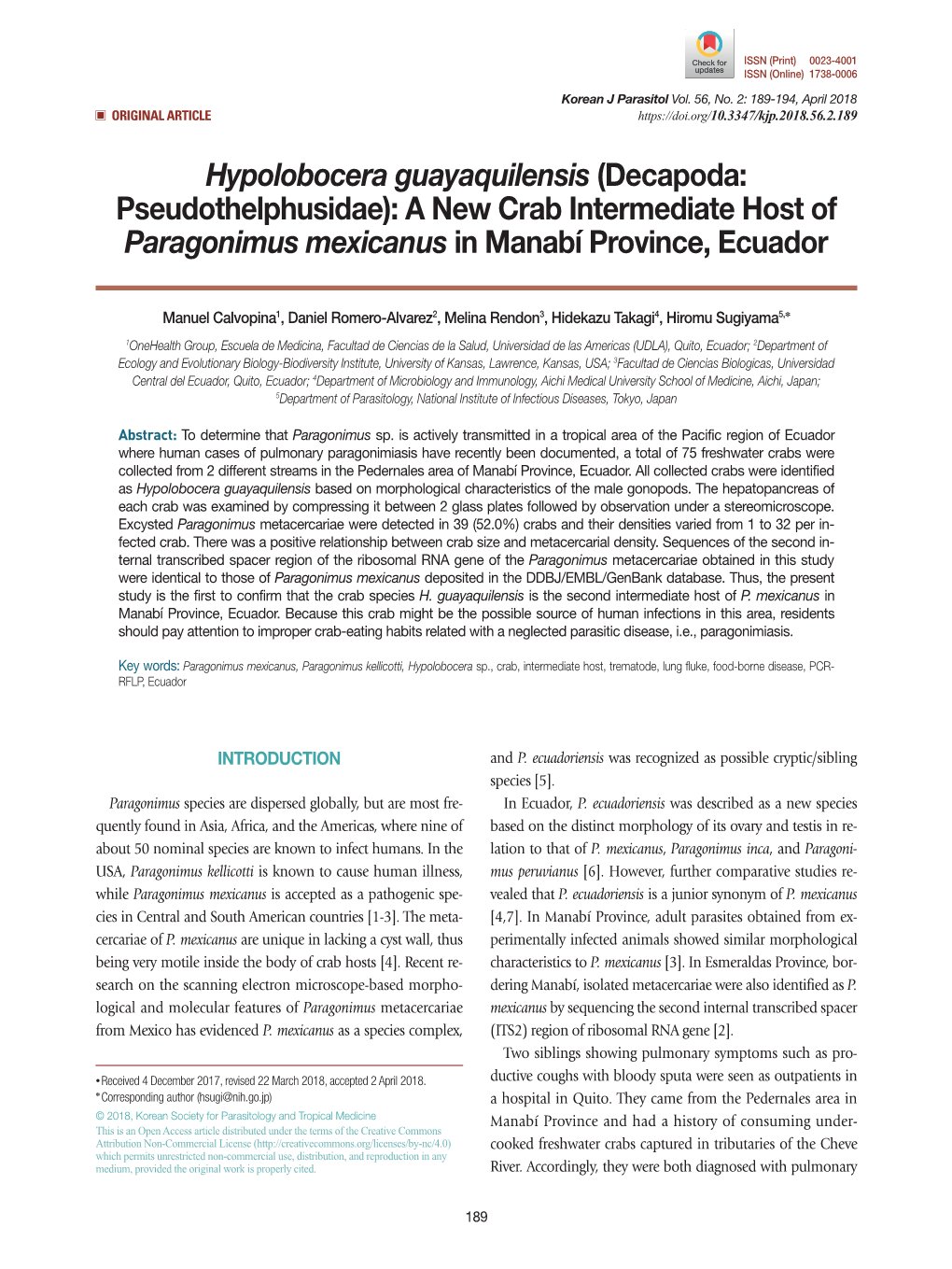 Hypolobocera Guayaquilensis (Decapoda: Pseudothelphusidae): a New Crab Intermediate Host of Paragonimus Mexicanus in Manabí Province, Ecuador