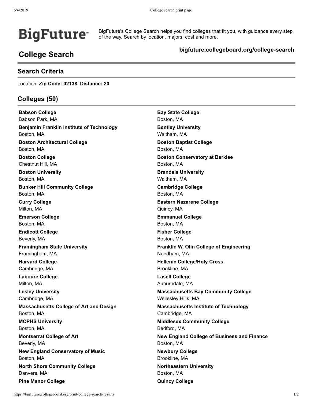 College Search Print Page