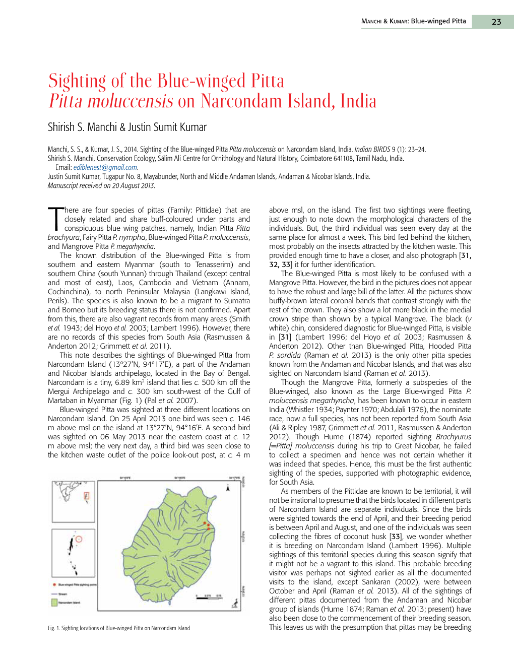 Sighting of the Blue-Winged Pitta Pitta Moluccensis on Narcondam Island, India Shirish S