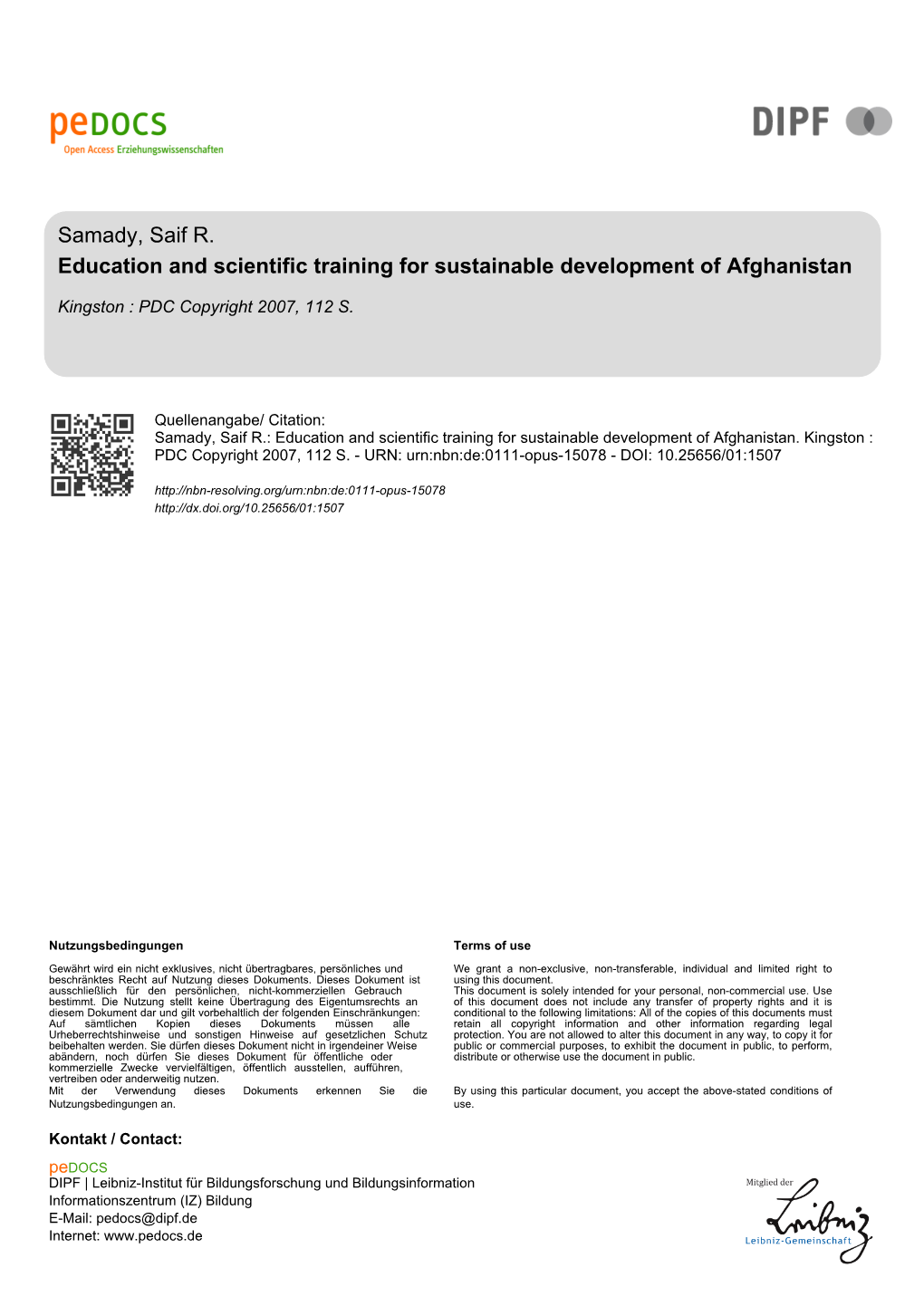 Education and Scientific Training for Sustainable Development of Afghanistan