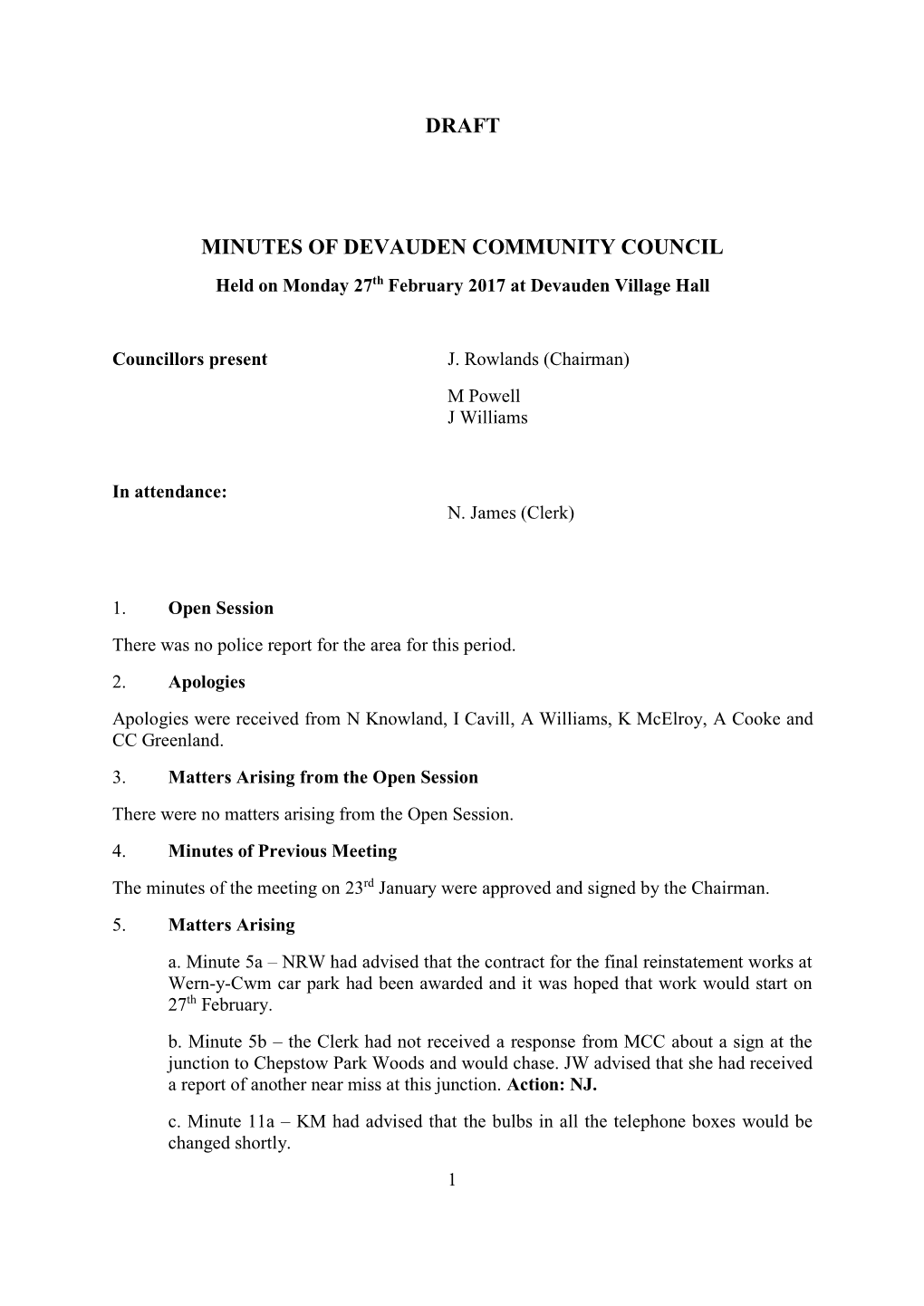 Draft Minutes of Devauden Community Council