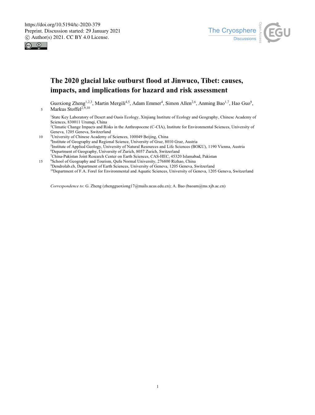 The 2020 Glacial Lake Outburst Flood at Jinwuco, Tibet: Causes, Impacts, and Implications for Hazard and Risk Assessment