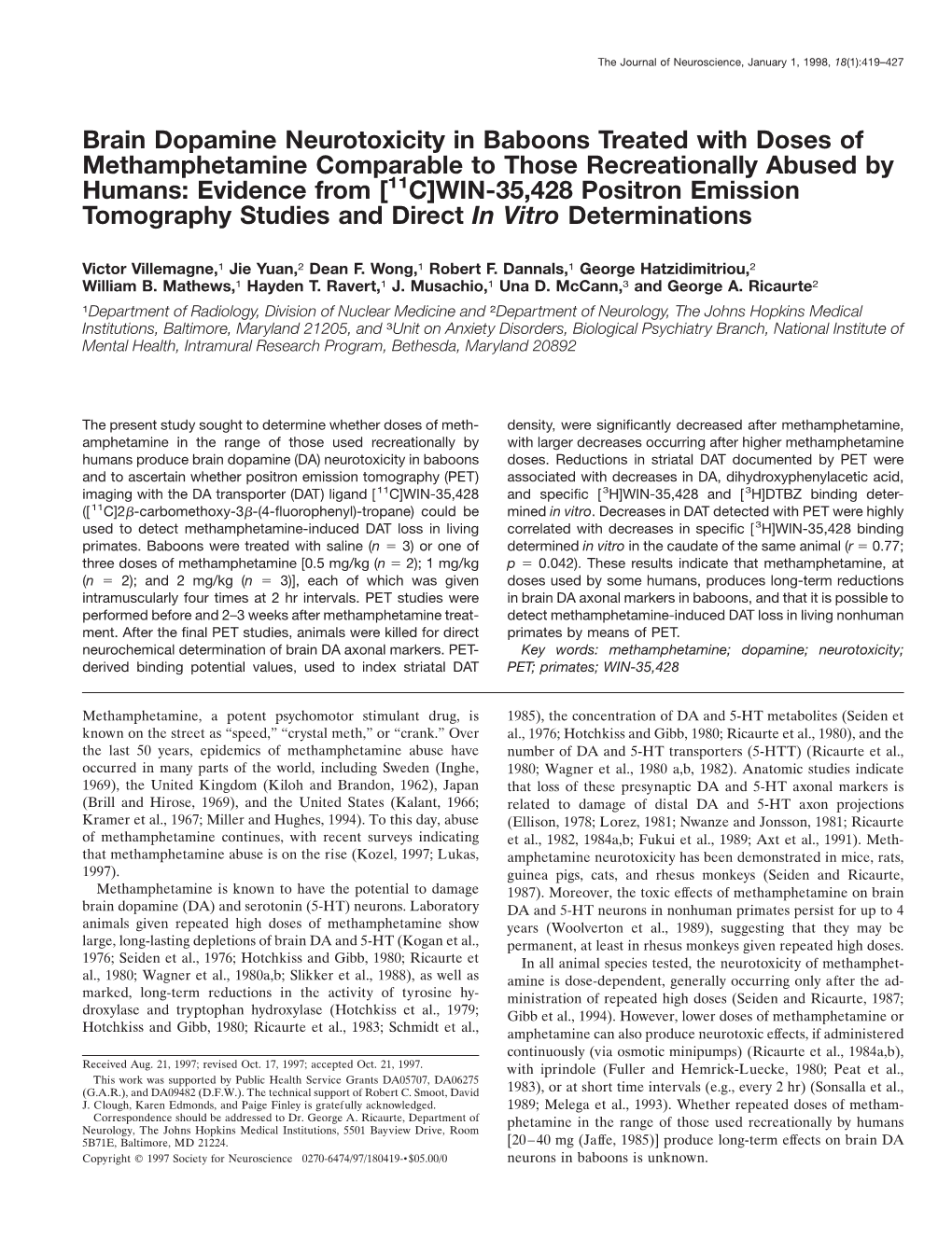 Brain Dopamine Neurotoxicity in Baboons Treated with Doses of Methamphetamine Comparable to Those Recreationally Abused by Human