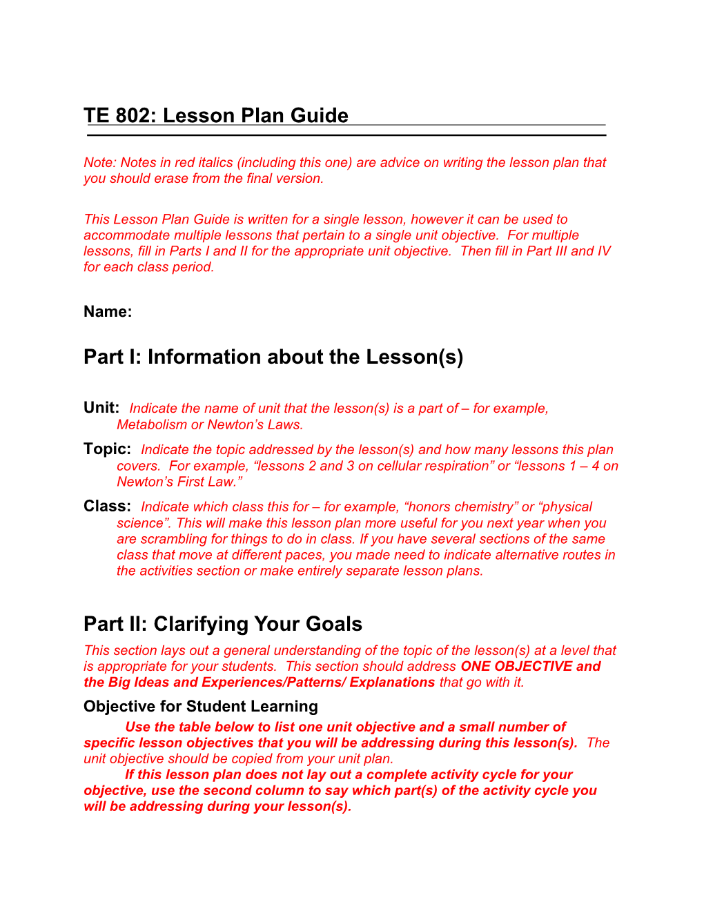 TE 401: Lesson And Unit Plan Template