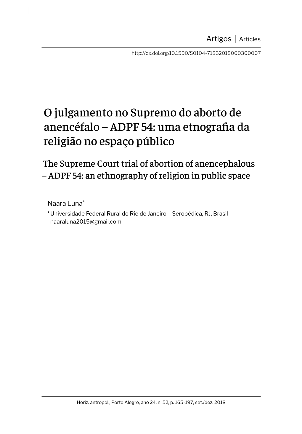 O Julgamento No Supremo Do Aborto De Anencéfalo – ADPF 54: Uma Etnografi a Da Religião No Espaço Público