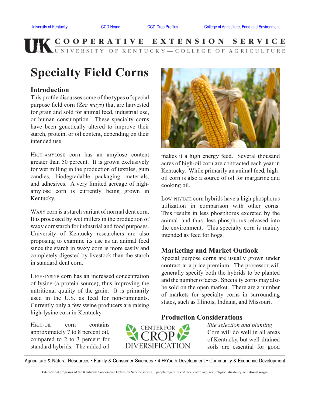 CCD Specialty Field Corns Profile