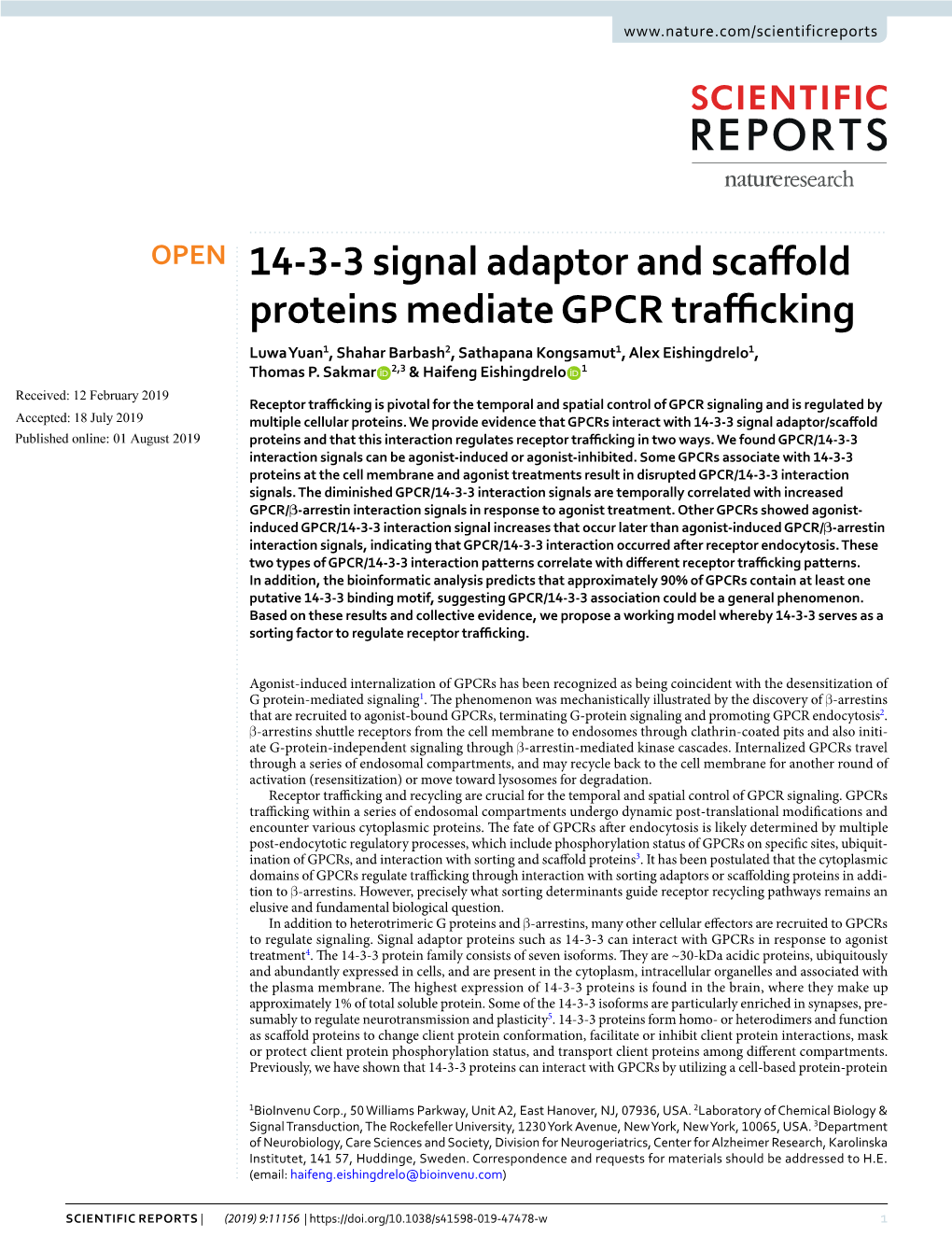 14-3-3 Signal Adaptor and Scaffold Proteins Mediate GPCR Trafficking