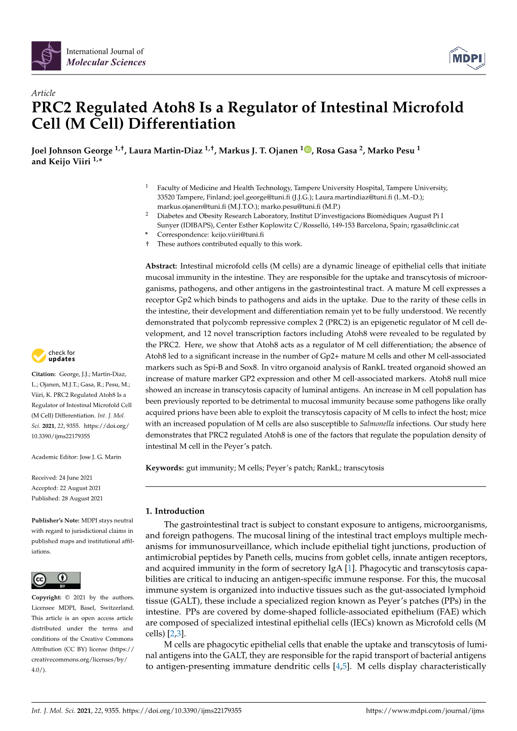 PRC2 Regulated Atoh8 Is a Regulator of Intestinal Microfold Cell (M Cell) Differentiation