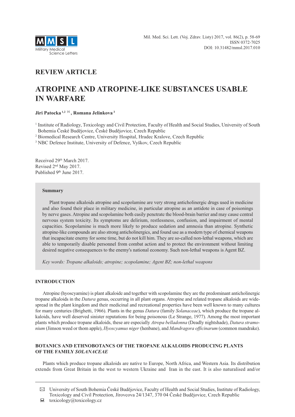 Atropine and Atropine-Like Substances Usable in Warfare