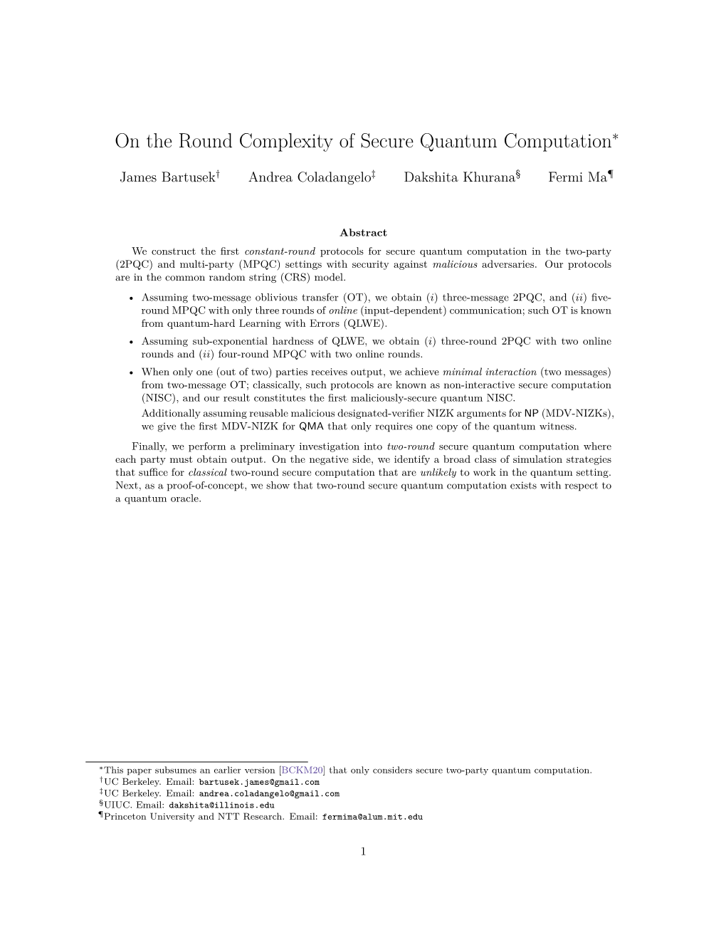 On the Round Complexity of Secure Quantum Computation∗