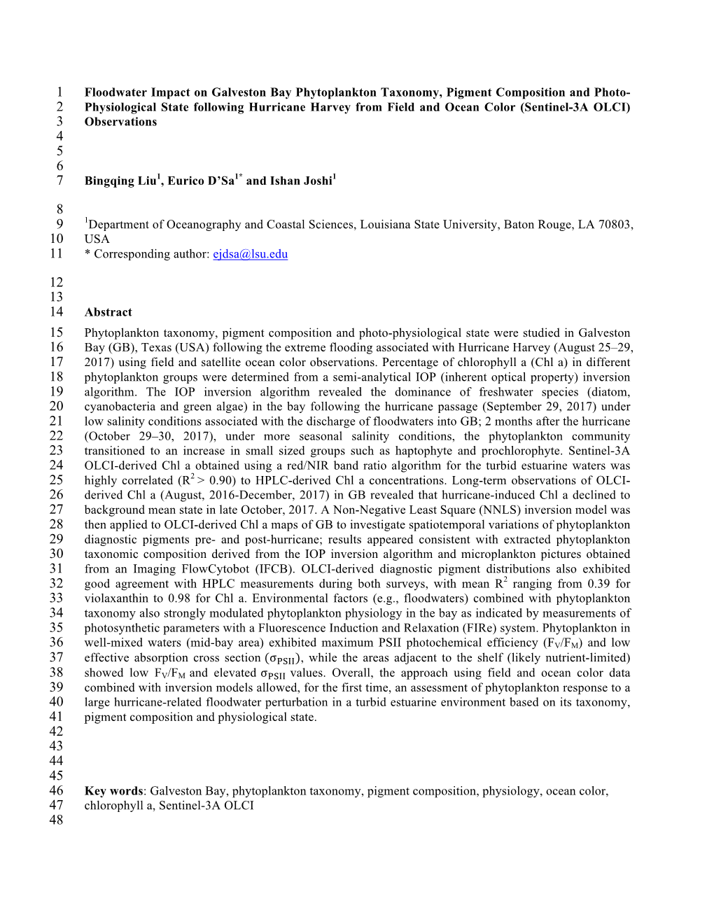 Floodwater Impact on Galveston Bay Phytoplankton Taxonomy, Pigment Composition and Photo