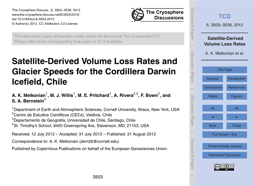 Satellite-Derived Volume Loss Rates and Glacier Speeds for the Cordillera Darwin Title Page Iceﬁeld, Chile Abstract Introduction Conclusions References 1 1 1 2,3 2 A