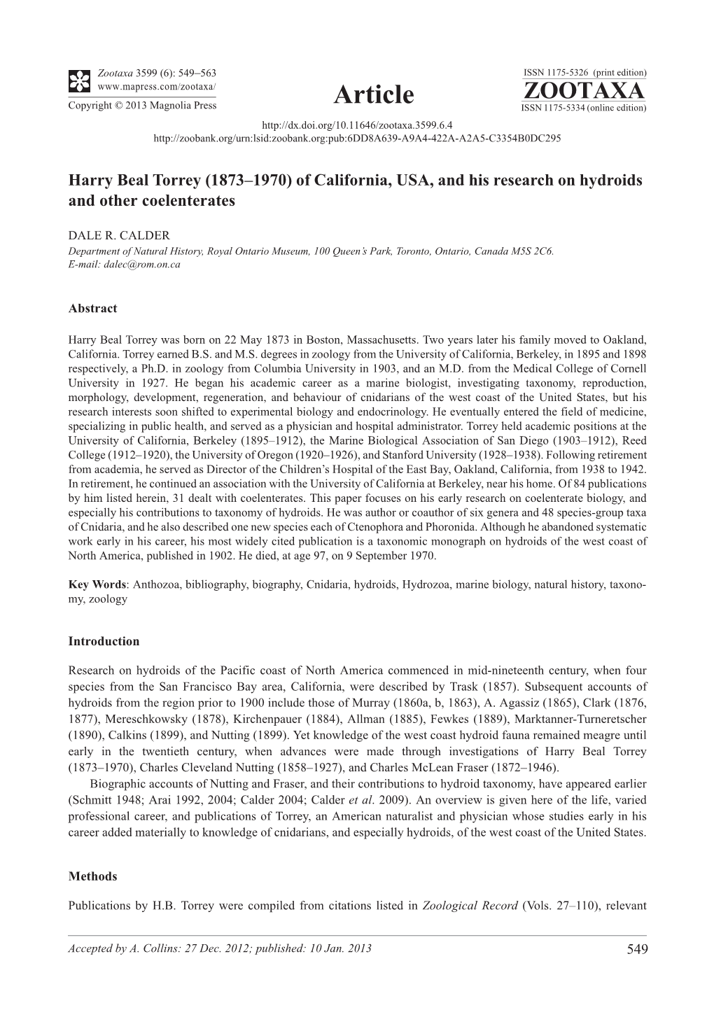 Harry Beal Torrey (1873–1970) of California, USA, and His Research on Hydroids and Other Coelenterates