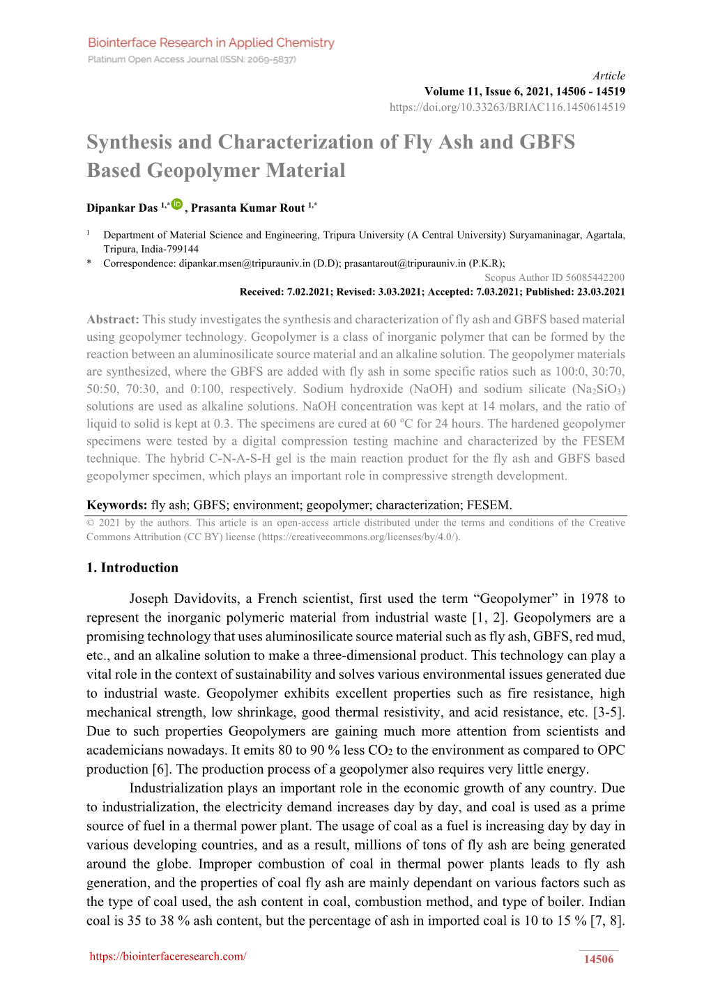 Synthesis and Characterization of Fly Ash and GBFS Based Geopolymer Material