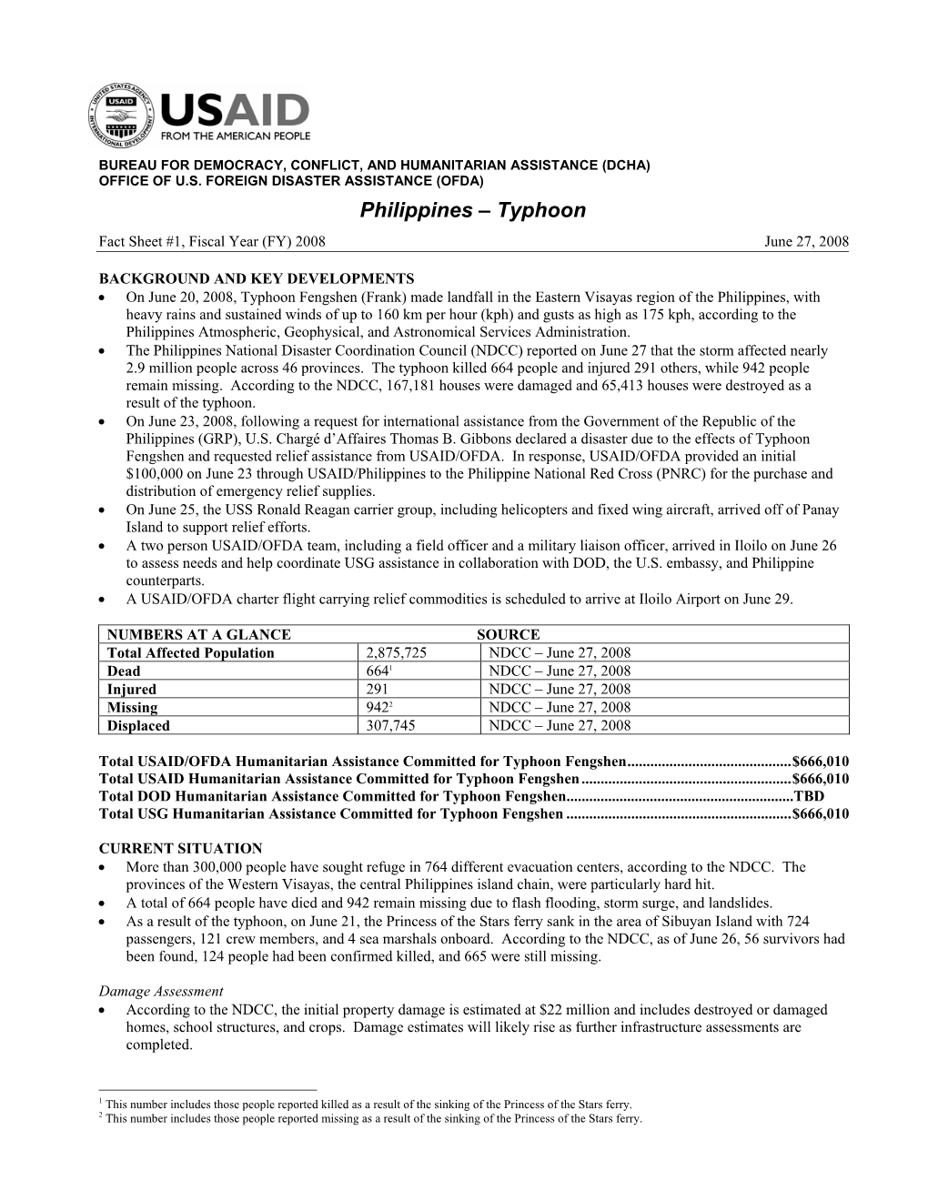 USAID/OFDA Phillipines Typhoon Fact Sheet #1 6/27/2008