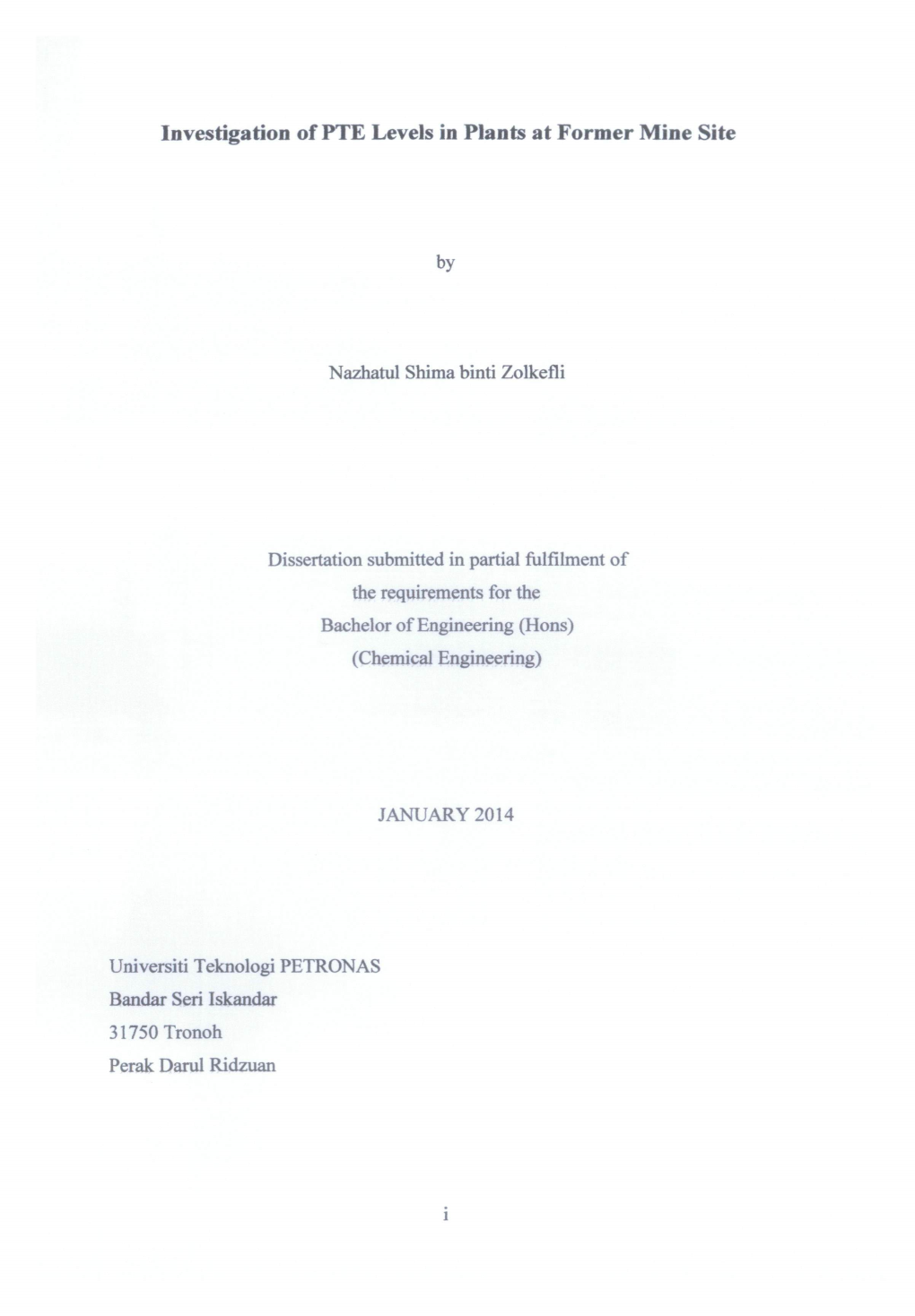 Investigation of PTE Levels in Plants at Former Mine Site