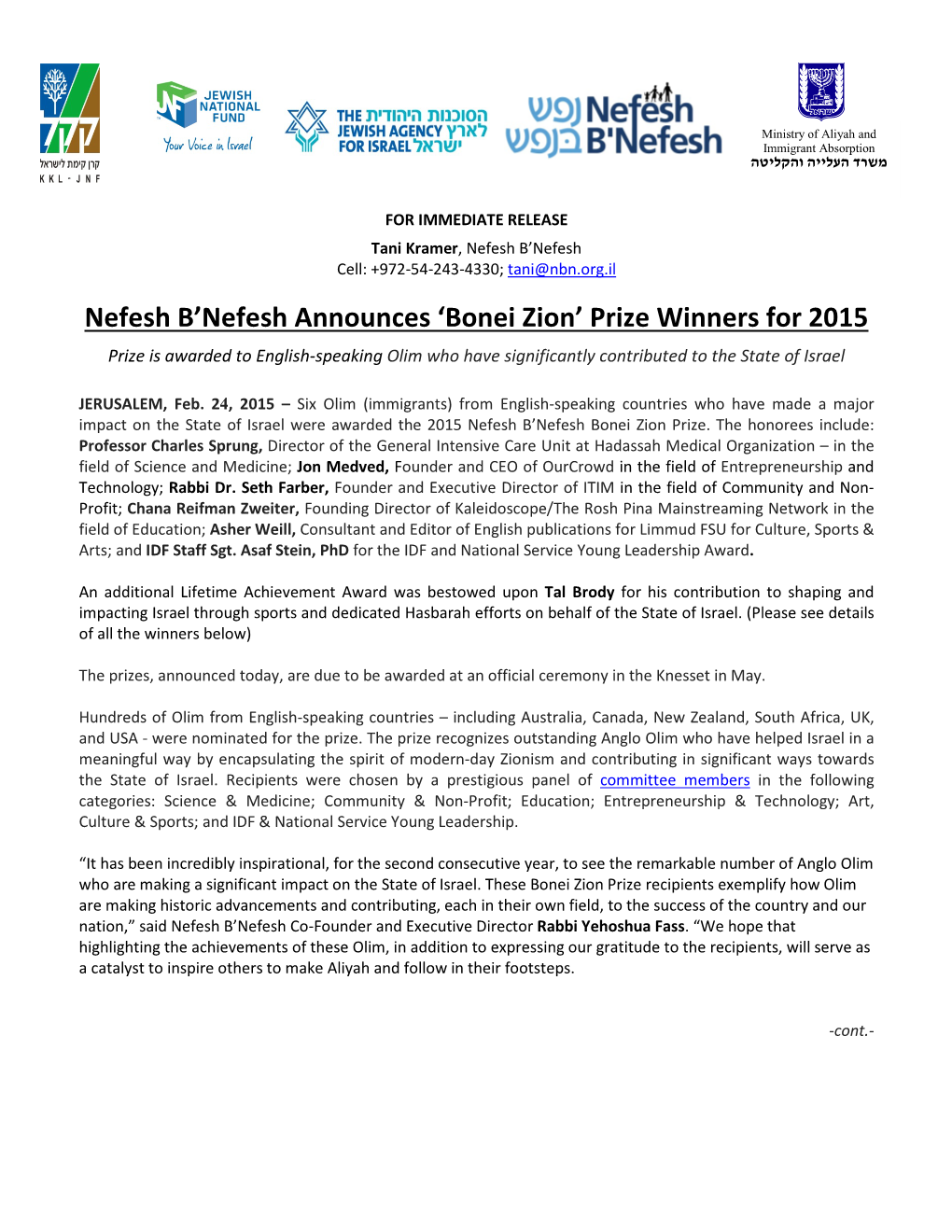 Nefesh B'nefesh Announces 'Bonei Zion' Prize Winners for 2015