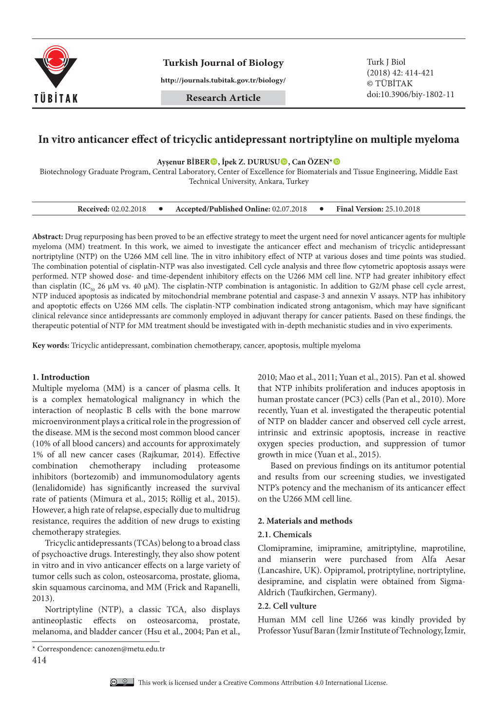 In Vitro Anticancer Effect of Tricyclic Antidepressant Nortriptyline on Multiple Myeloma