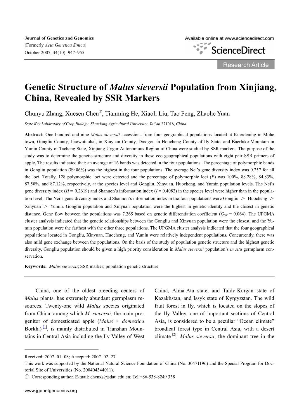 Genetic Structure of Malus Sieversii Population from Xinjiang, China, Revealed by SSR Markers