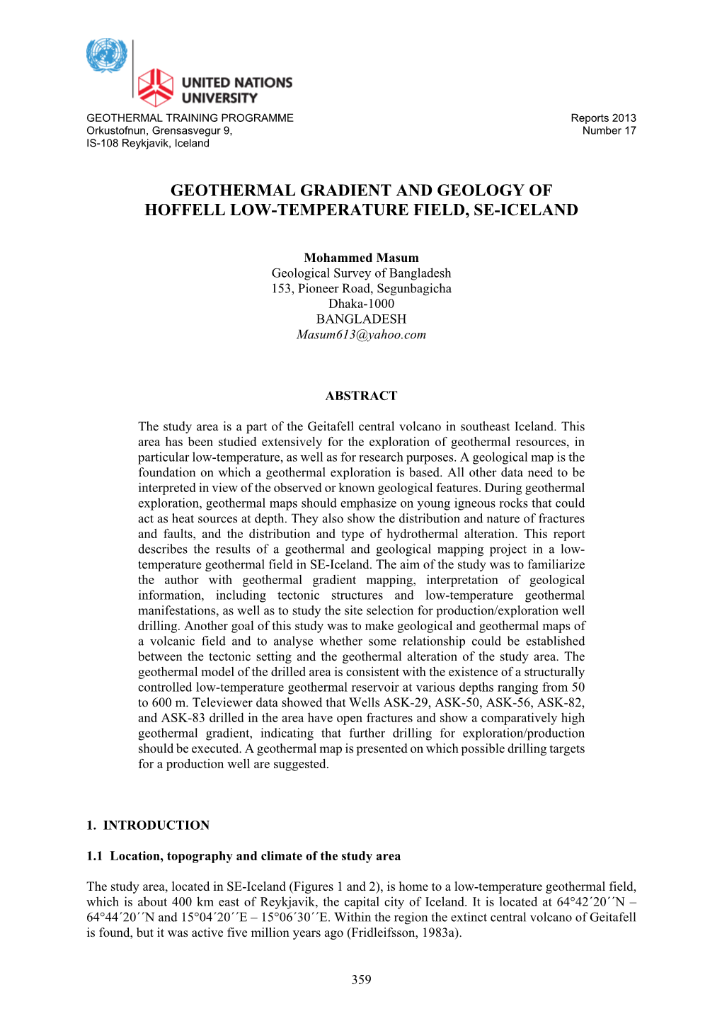 Geothermal Gradient and Geology of Hoffell Low-Temperature Field, Se-Iceland