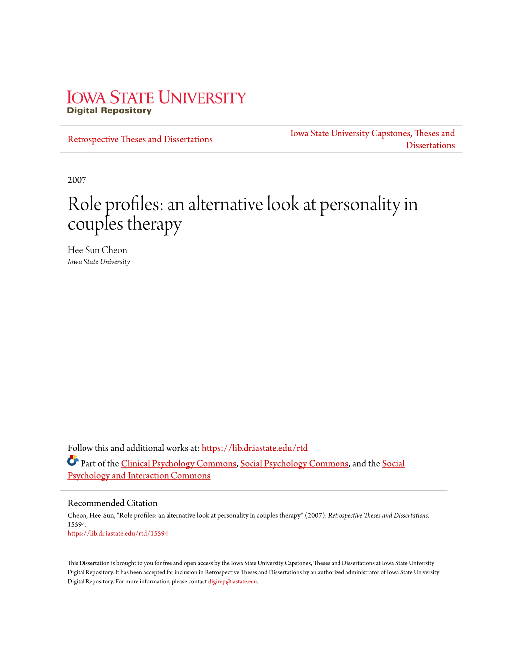 Role Profiles: an Alternative Look at Personality in Couples Therapy Hee-Sun Cheon Iowa State University