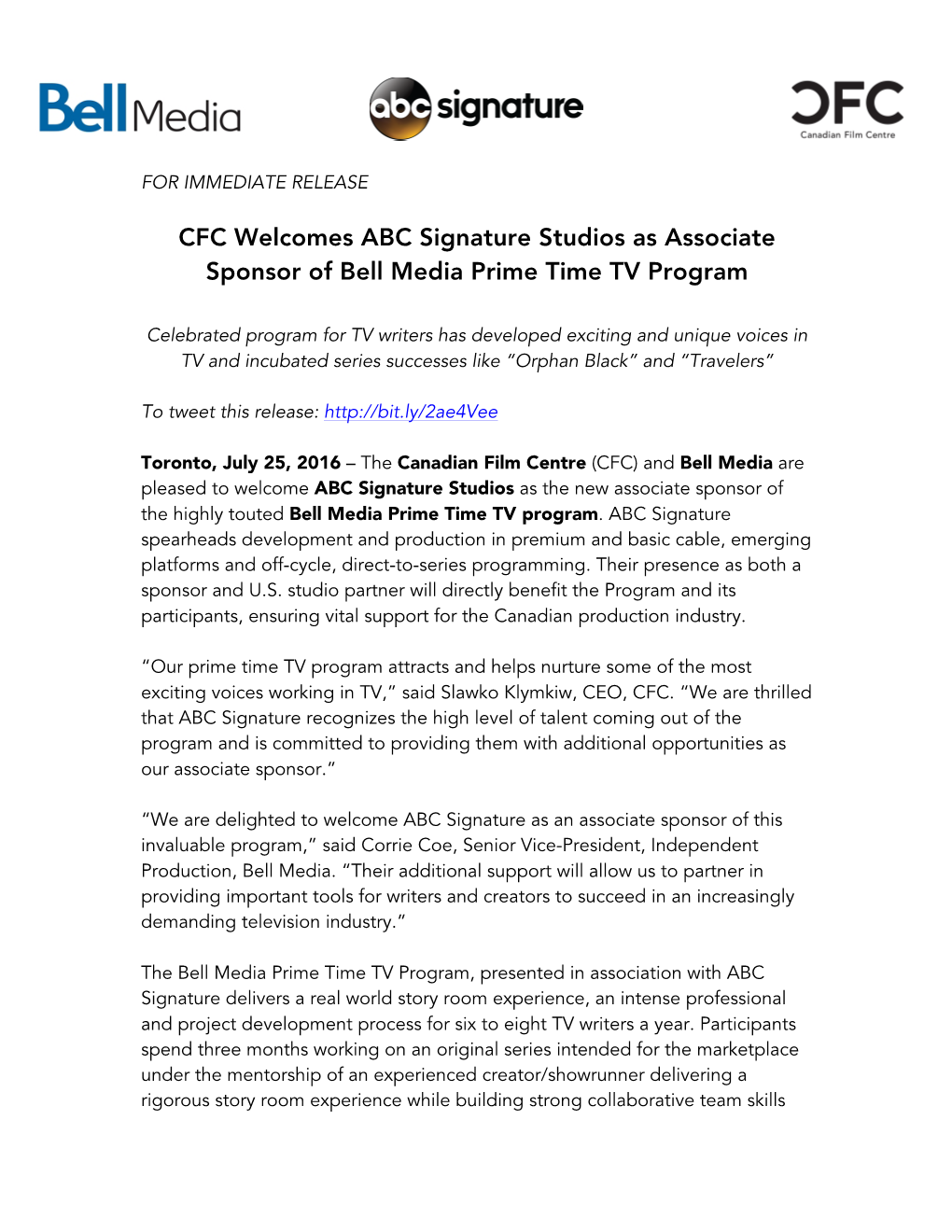 CFC Welcomes ABC Signature Studios As Associate Sponsor of Bell Media Prime Time TV Program