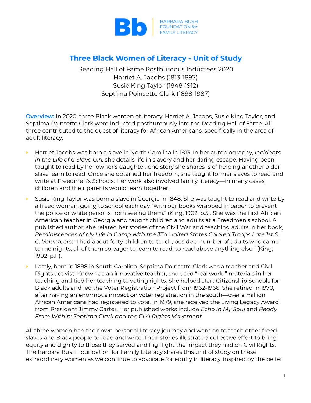 Three Black Women of Literacy - Unit of Study Reading Hall of Fame Posthumous Inductees 2020 Harriet A