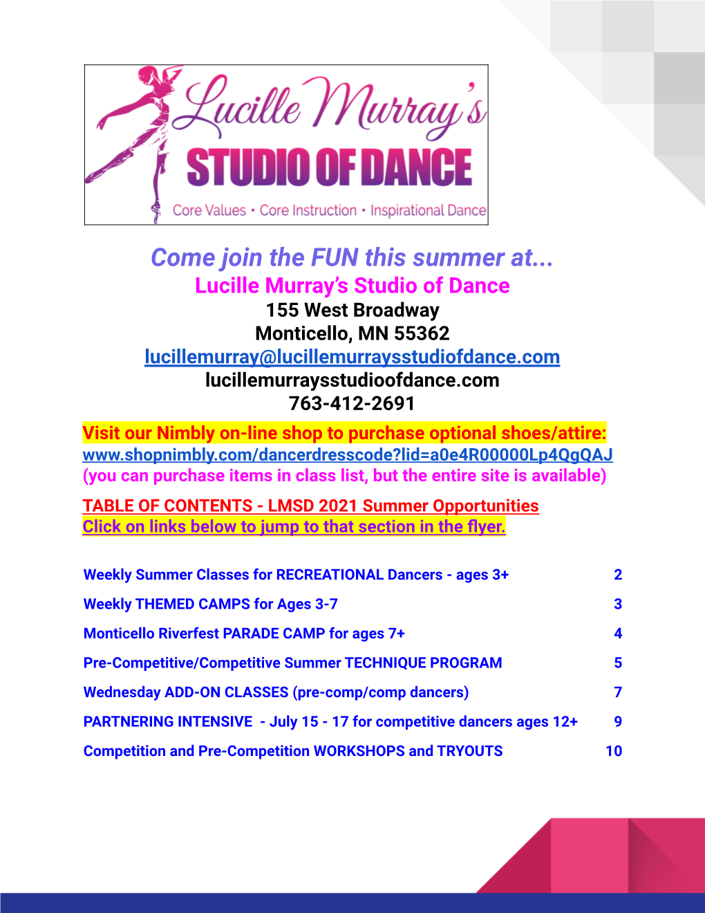 LMSD Weekly Summer Rec Classes Flyer 2021