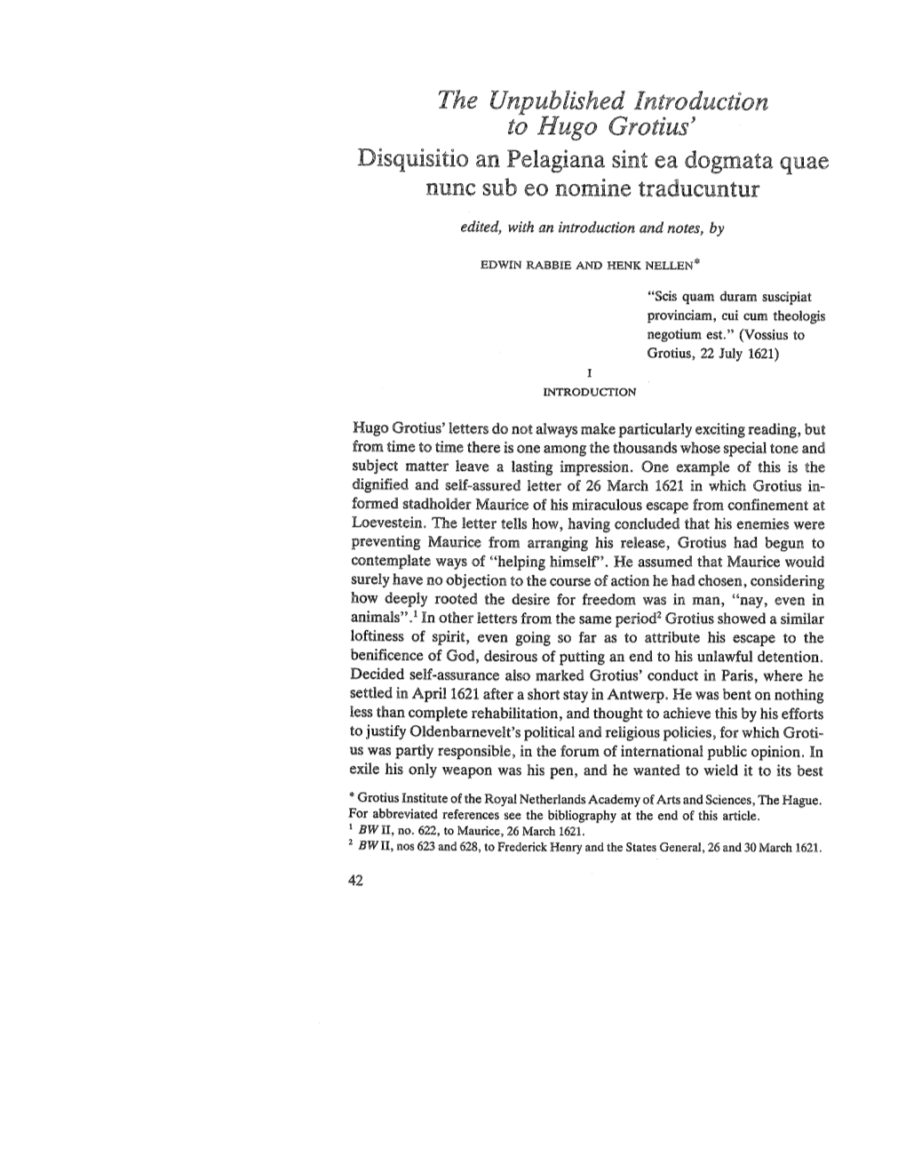 The Unpublished Introduction to Hugo Grotius' Disquisitio an Pelagiana Sint Ea Dogmata Quae Nunc Sub Eo Nomine Traducuntur