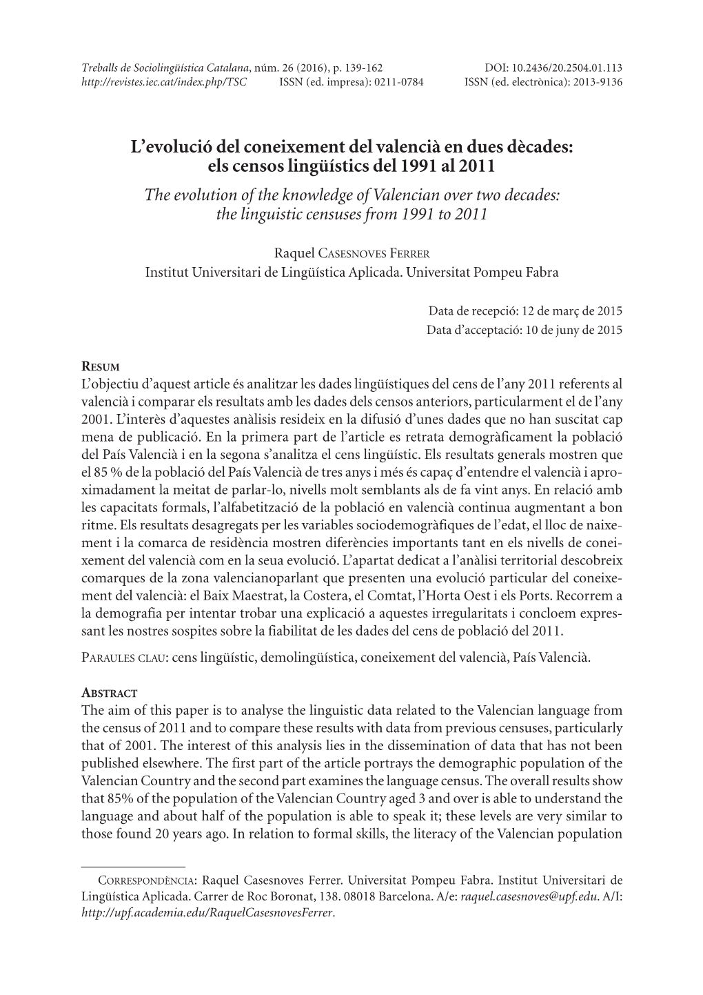 L'evolució Del Coneixement Del Valencià En Dues Dècades