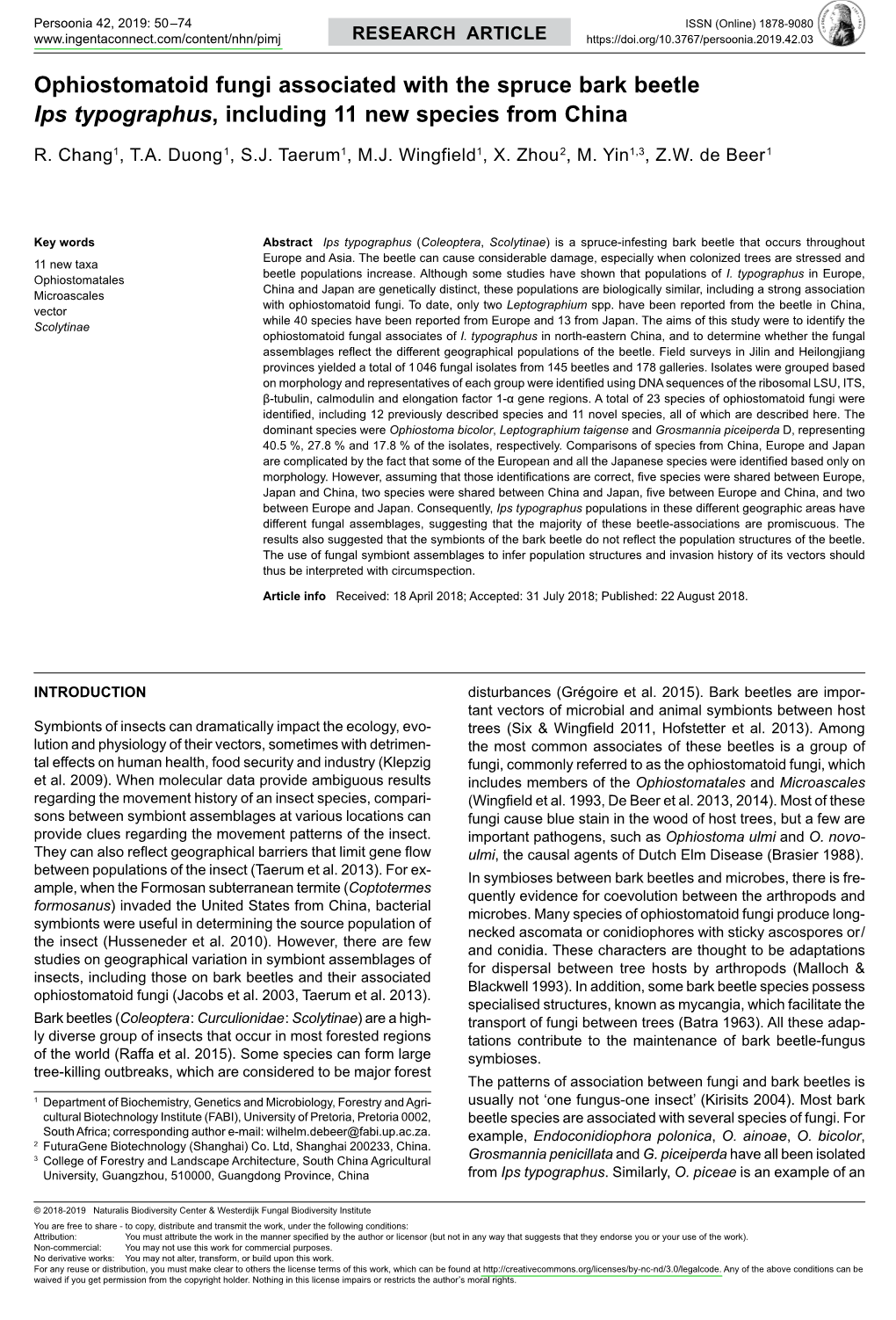 Ophiostomatoid Fungi Associated with the Spruce Bark Beetle Ips Typographus, Including 11 New Species from China