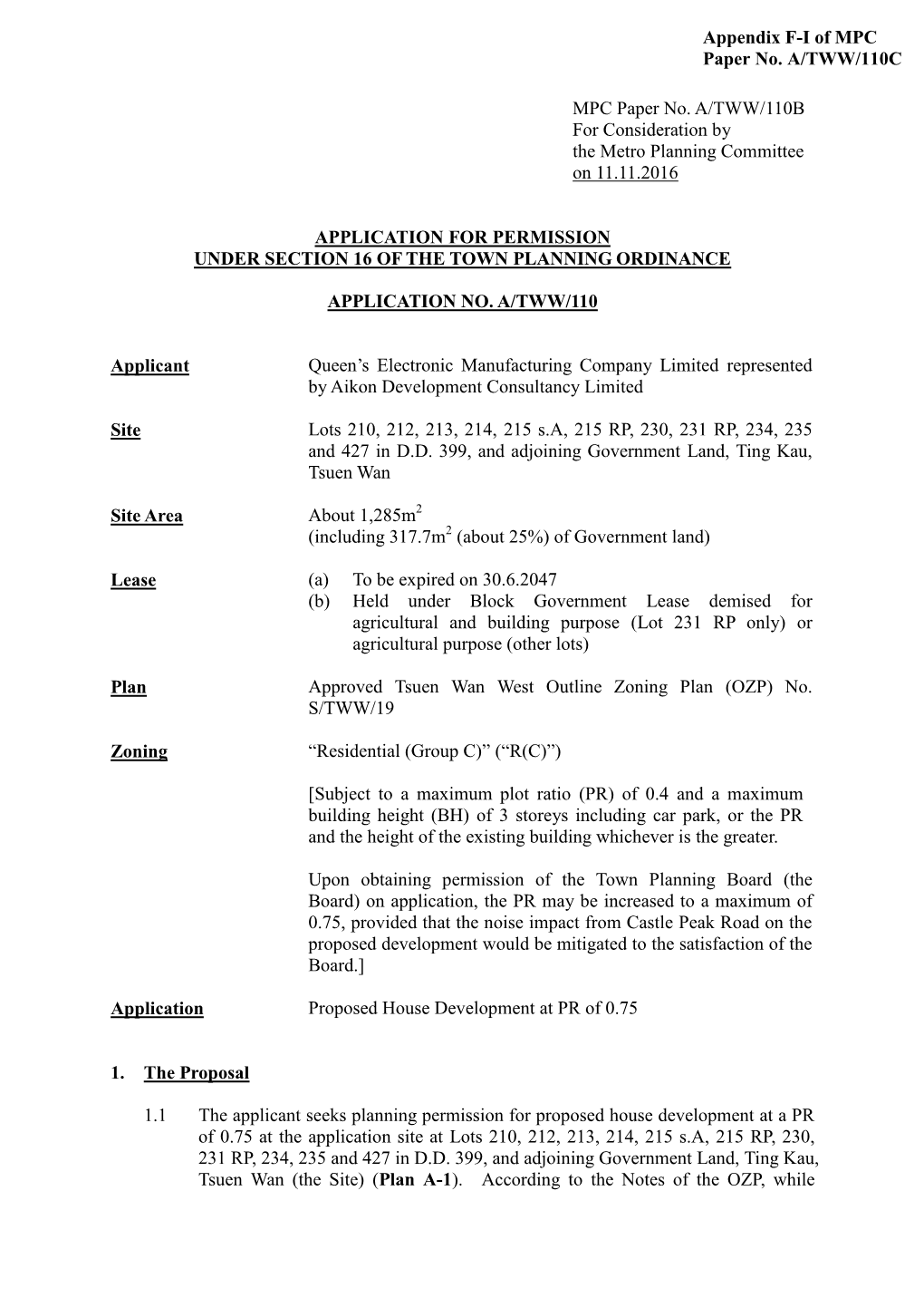 MPC Paper No. A/TWW/110B for Consideration by the Metro Planning Committee on 11.11.2016