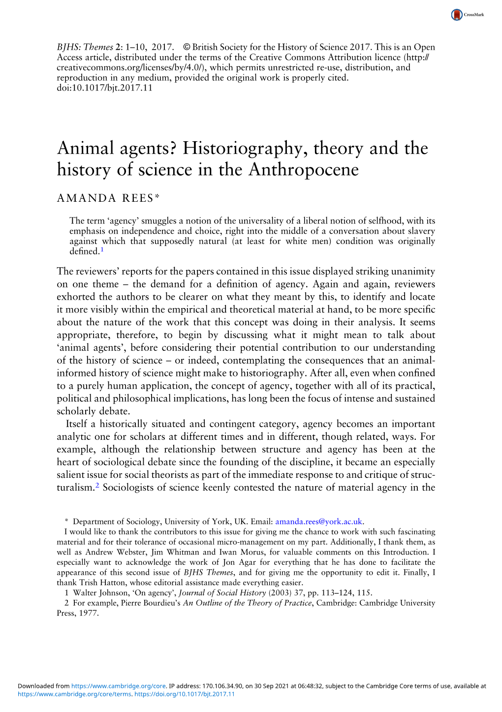 Animal Agents? Historiography, Theory and the History of Science in the Anthropocene