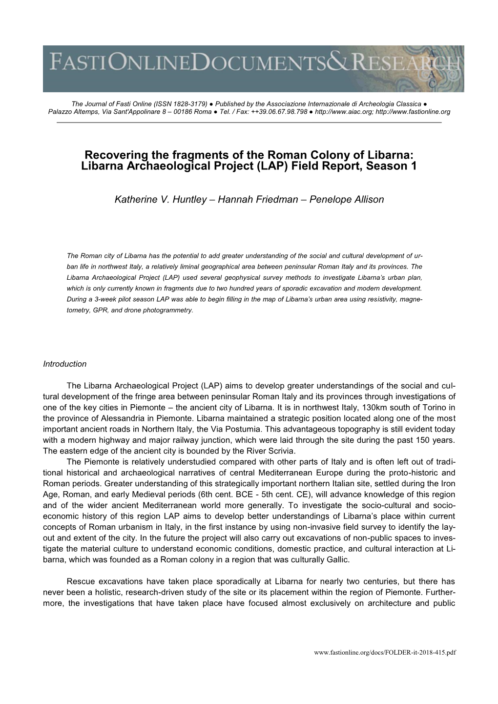 Recovering the Fragments of the Roman Colony of Libarna: Libarna Archaeological Project (LAP) Field Report, Season 1