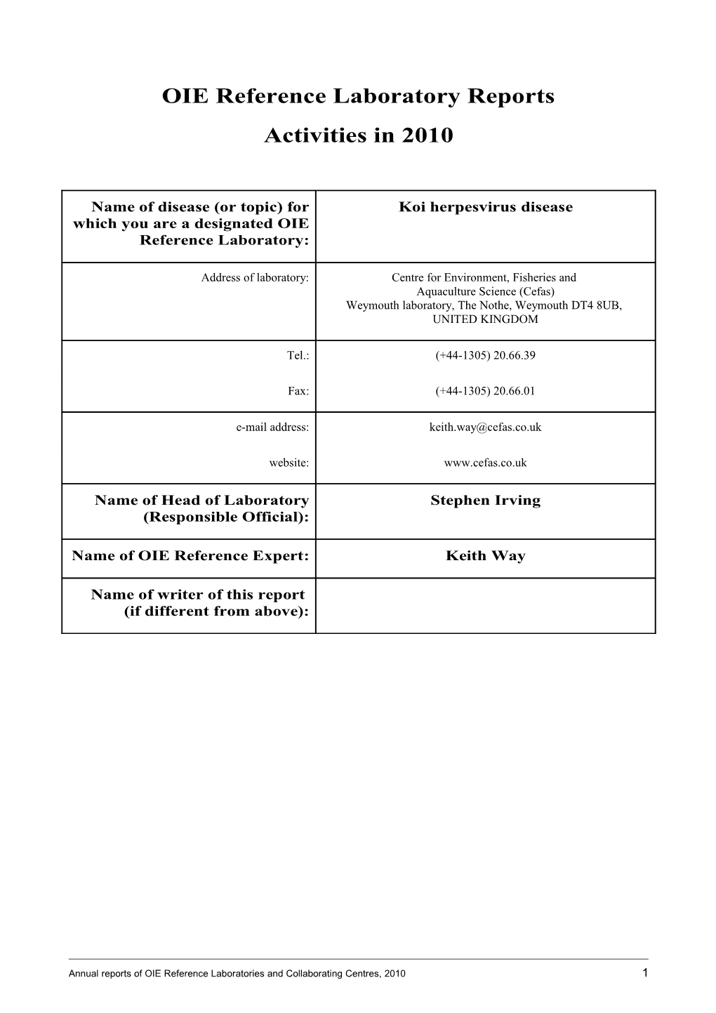 OIE Reference Laboratory Reports