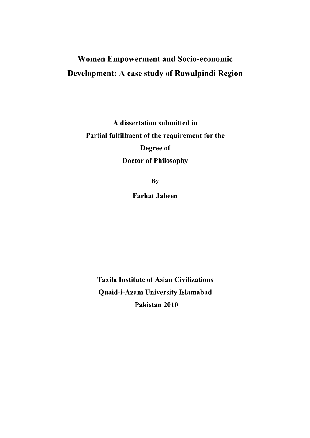 Women Empowerment and Socio-Economic Development: a Case Study of Rawalpindi Region