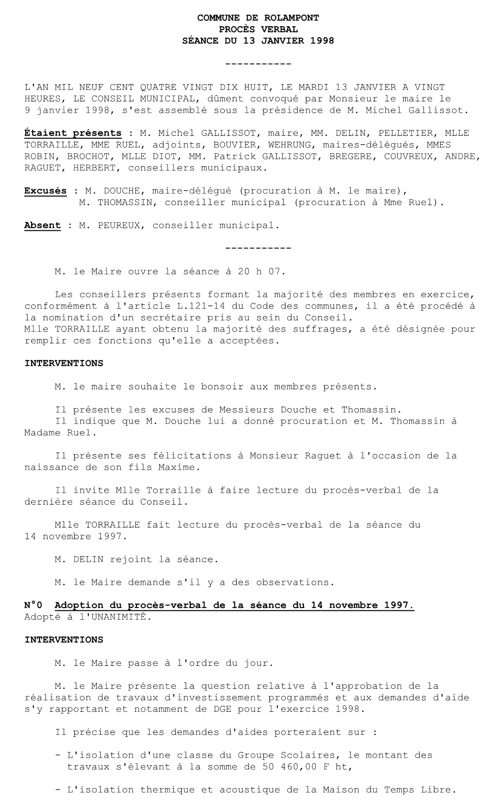 Commune De Rolampont Procès Verbal Séance Du 13 Janvier 1998 ---L'an Mil Neuf Cent Quatre Vingt Dix Huit, Le Mardi 13
