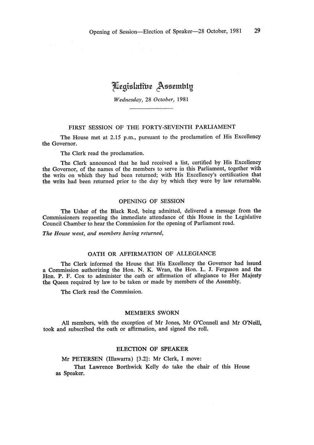 Opening of Session-Election of Speaker-28 October, 1981 29