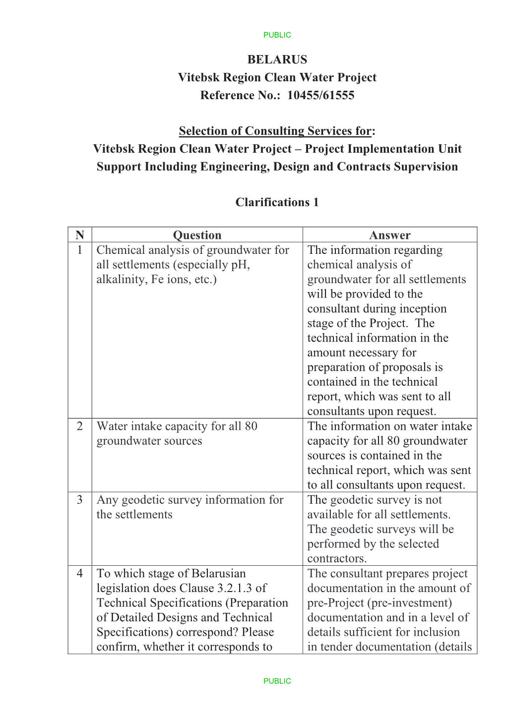 BELARUS Vitebsk Region Clean Water Project Reference No.: 10455/61555 Selection of Consulting Services For: Vitebsk Region C