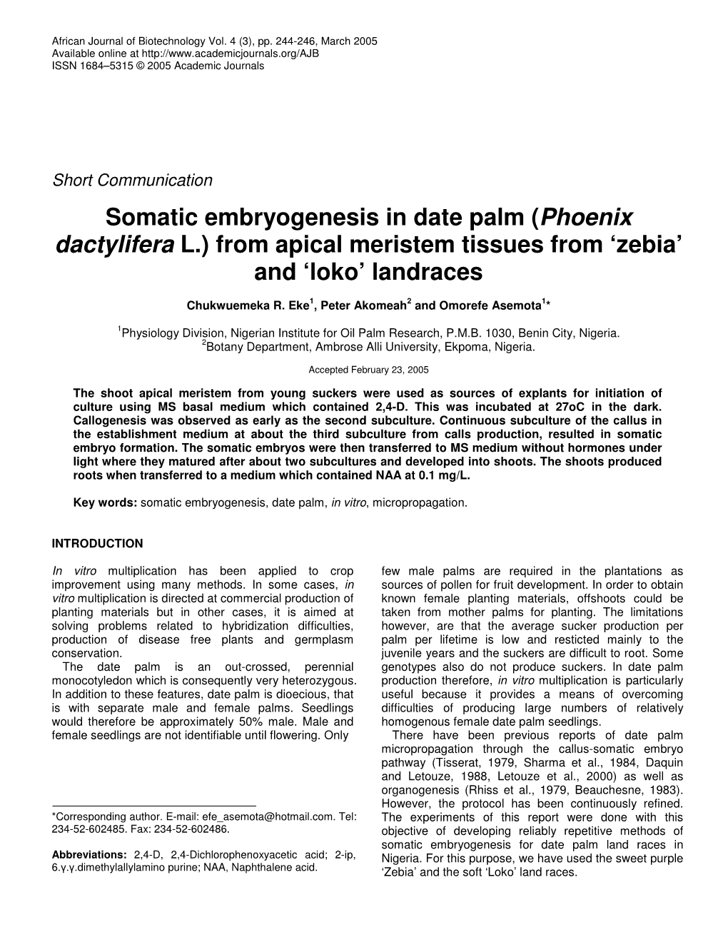 Somatic Embryogenesis in Date Palm (Phoenix Dactylifera L.) from Apical Meristem Tissues from ‘Zebia’ and ‘Loko’ Landraces