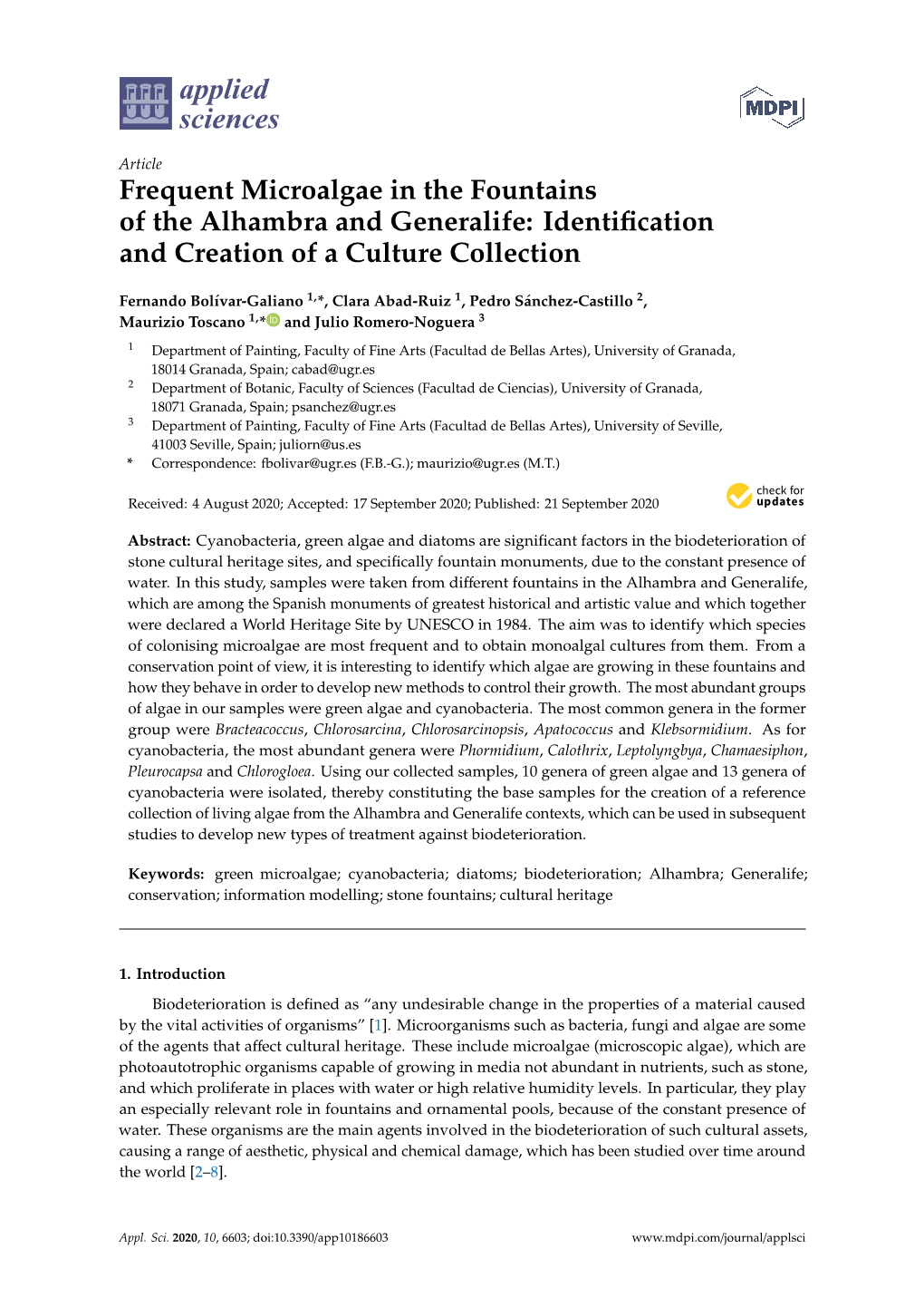 Frequent Microalgae in the Fountains of the Alhambra and Generalife: Identiﬁcation and Creation of a Culture Collection