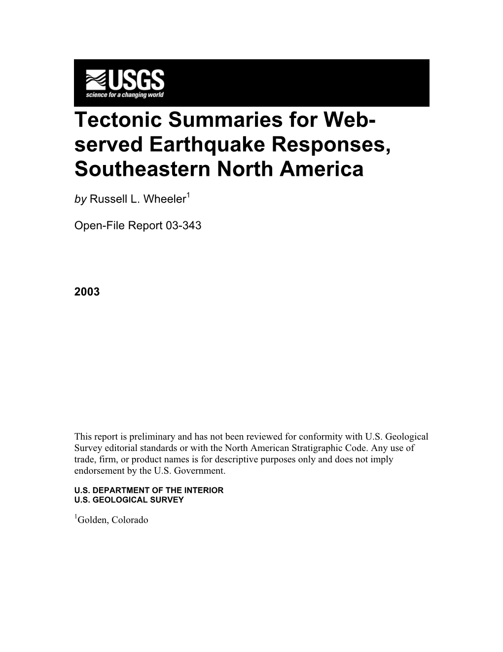 Tectonic Summaries for Web- Served Earthquake Responses, Southeastern North America
