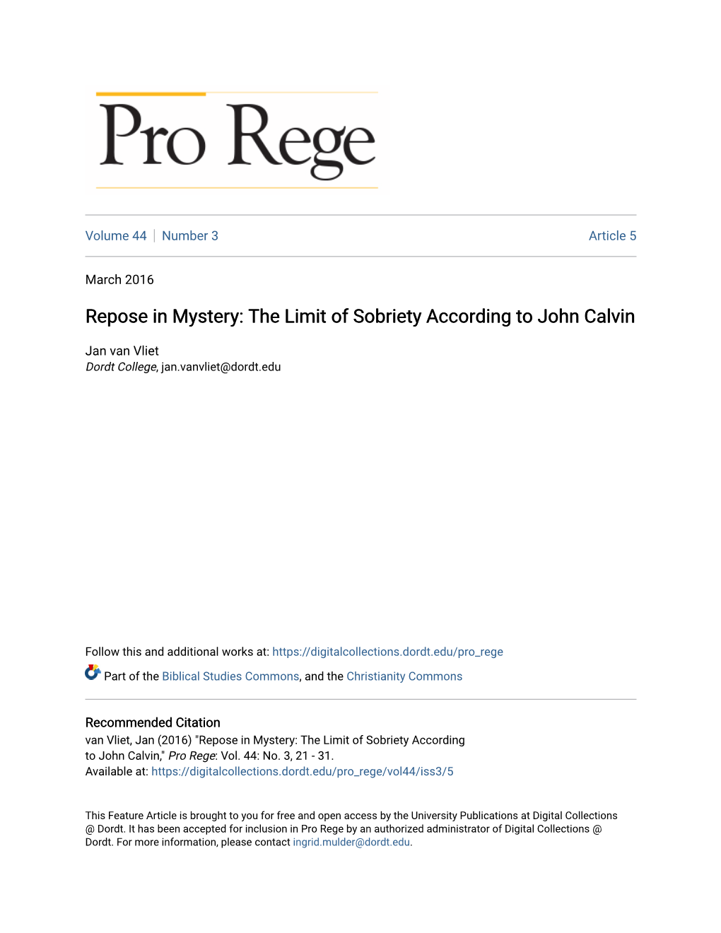 Repose in Mystery: the Limit of Sobriety According to John Calvin