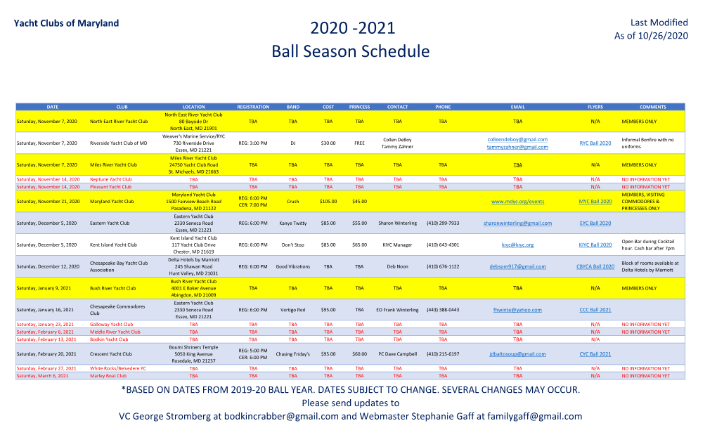 2020 -2021 Ball Season Schedule