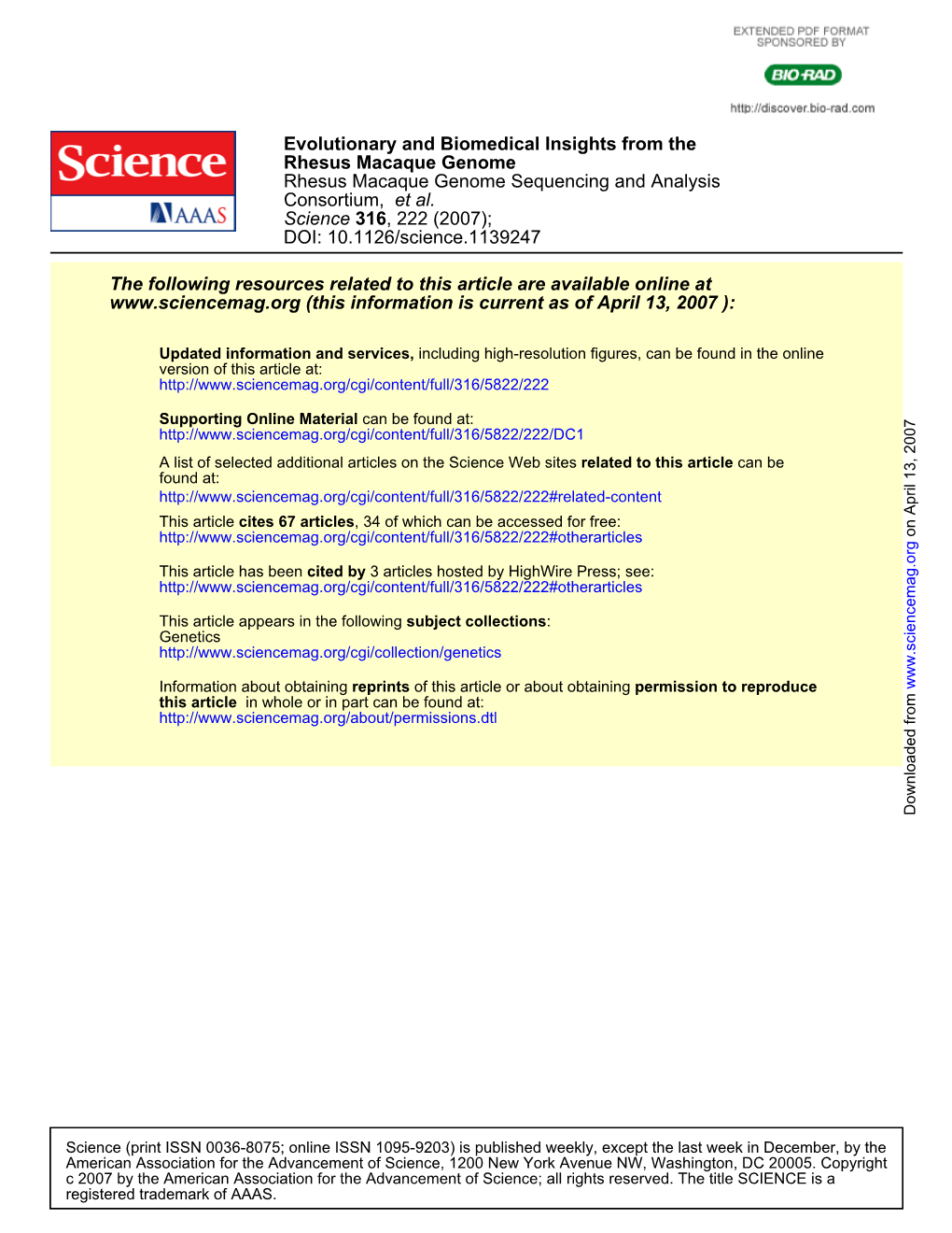 DOI: 10.1126/Science.1139247 , 222 (2007); 316 Science Et Al. Consortium, Rhesus Macaque Genome Sequencing and Analysis Rhesus M