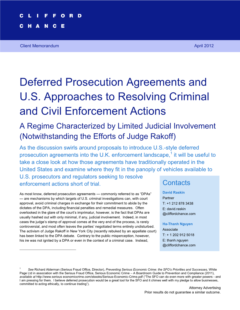 Deferred Prosecution Agreements and U.S. Approaches to Resolving